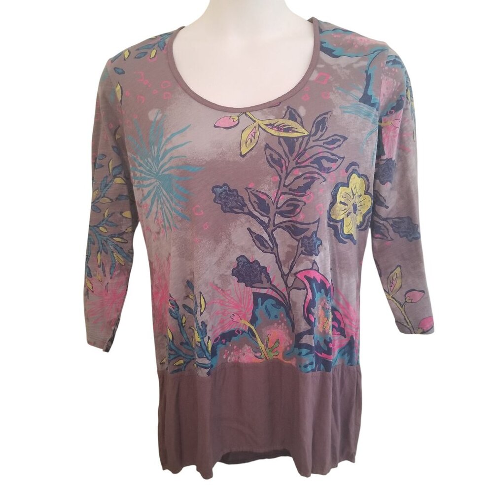 Fresh Produce XL Brown Floral Tunic Top Stretch Knit Chic Popover USA